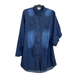 Derek Heart Blue Button Up Denim Jean Dress Size XL Roll Sleeve Keyhole Back‎